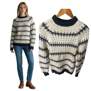 Handmade Fair Isle Wool Ski Sweater XS/S Ivory Navy Red Knit Nordic Pullover
